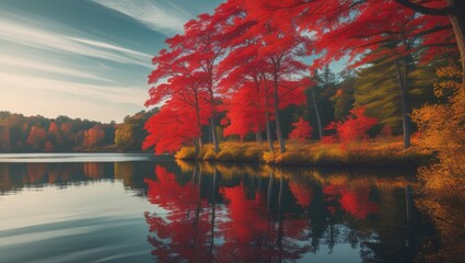 A tranquil autumn lake scene with vibrant red trees standing tall along the water's edge, their branches stretching towards the sky, reflected perfectly in the calm lake's surface, surrounded by lush 