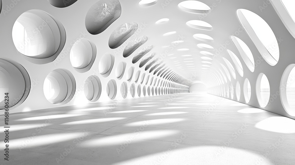Poster abstract white tunnel with circular openings and light.