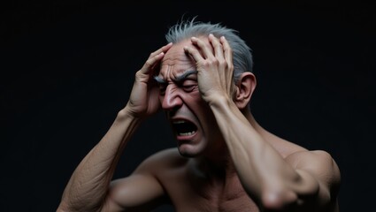 A highly detailed 3D rendering of a middle-aged man with a gaunt expression, his face contorted in agony, clutching his forehead with both hands as if trying to alleviate the excruciating pain. His ey