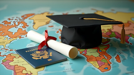 Passport, diploma, graduation cap on a world map: Dreams of global adventures after graduation!