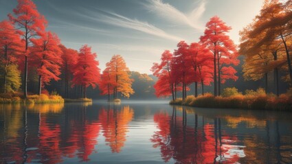 A tranquil autumn lake scene with vibrant red trees standing tall along the water's edge, their branches stretching towards the sky, reflected perfectly in the calm lake's surface, surrounded by lush 