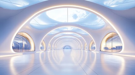 Obraz premium Futuristic white architecture interior with glowing arches and reflective floor.