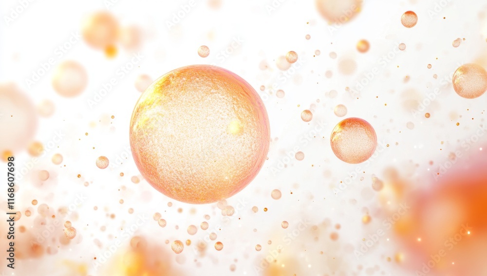Poster abstract background with glowing orange spheres and bubbles floating in white space.