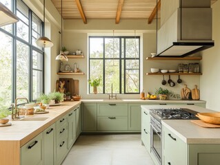 Modern Sage Green Kitchen With Wood Accents And Large Windows