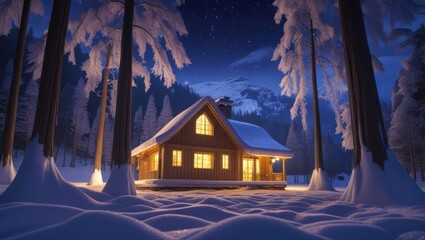 A serene nighttime scene set in a secluded snowy forest, where a warm and cozy cabin stands amidst towering trees, their branches heavy with the weight of fresh snowfall. The cabin's wooden exterior i