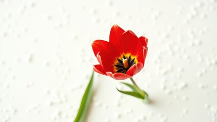 A solitary, vibrant red tulip blossom, its delicate petals slightly curled and radiating from the center, sits elegantly on a pristine, snow-white background, its subtle texture providing a subtle con