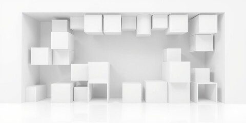 Collection of white cube structures in a modern and abstract image showcasing geometric minimalism and harmony, minimalism, geometric