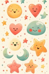 Close-up of sparkling emoji and colorful heart icons