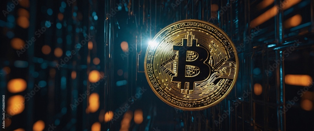 Poster bitcoin in the digital realm: a gleaming bitcoin coin, illuminated by a soft glow, rests on a networ
