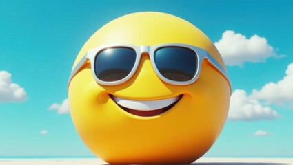 In a vibrant, sun-kissed environment, a large, cheerful yellow smiley emoji, roughly the size of a human head, wears a pair of trendy, oversized, mirrored sunglasses with bright silver frames, its bri