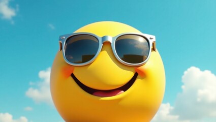 In a vibrant, sun-kissed environment, a large, cheerful yellow smiley emoji, roughly the size of a human head, wears a pair of trendy, oversized, mirrored sunglasses with bright silver frames, its bri