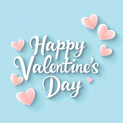 Charming Valentine's Day greeting card with elegant white typography and pink hearts on a light blue background, capturing the essence of romance and celebration.