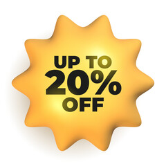3d yellow shining badge with 20 percent discount offer. Realistic sale tag