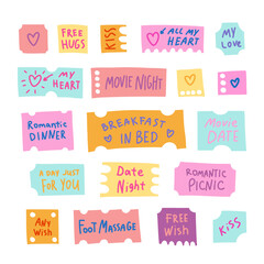 Love coupon set for Valentines day. Cute doodle sticker collection. My heart, kiss, free hugs, date night, free wish, day for you, romantic dinner etc.