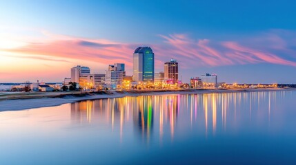 Fototapeta premium Vibrant city skyline reflecting on calm water at dusk.