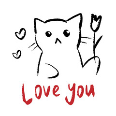 Valentines Day doodle greeting card with cat. Love you hand drawn art. Romantic childish drawing