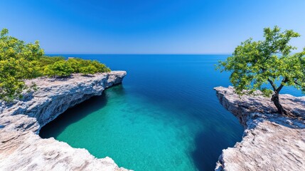 Fototapeta premium Serene coastal view with clear water and rocky cliffs.