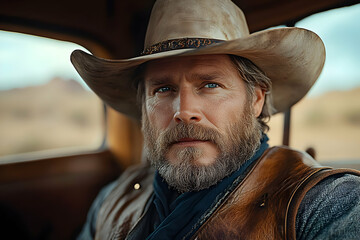 Close-up portrait of a mature man with a beard, wearing a cowboy hat and leather vest, sitting in a vintage car in a desert landscape.