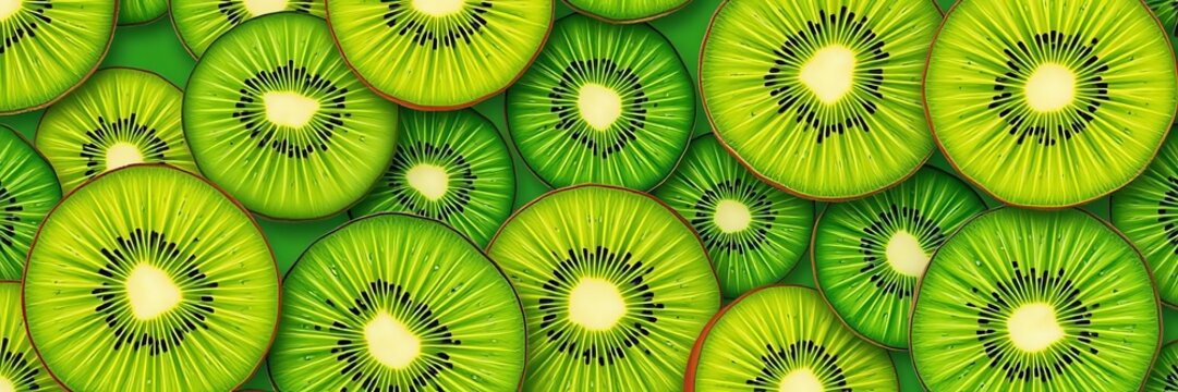 Close-up shot of vibrant kiwi fruit slices arranged neatly to create a beautiful fruit background, pattern, healthy