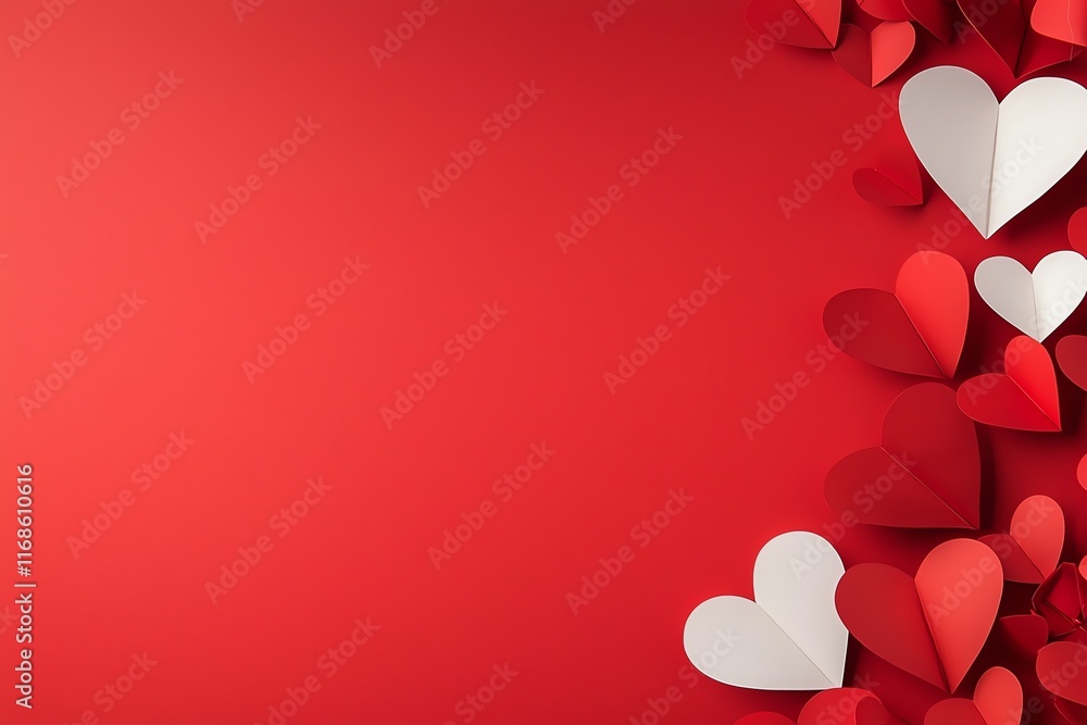 Poster elegant red background with paper hearts on the side, creating a romantic and charming composition. 