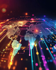 A colorful digital world map with lines of light crisscrossing continents, symbolizing fast communication and technology 