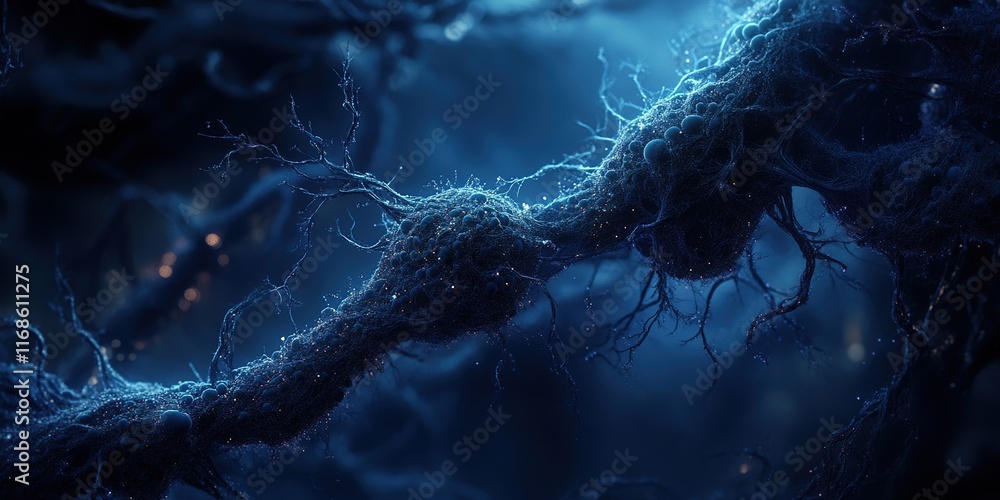Poster microscopic deep blue neural network: an artistic rendering of cellular connections