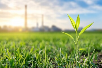 Obraz premium Green Plant Emerges in Field with Industrial Landscape in the Background at Sunrise