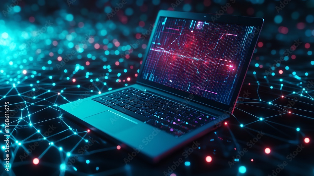 Poster digital network laptop technology abstract background modern futuristic design blue red web data