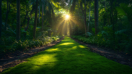 Fototapeta premium Photography of a tropical jungle path covered in vibrant green moss and bordered by towering palms, creating a sense of adventure and tranquility.