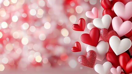 A vibrant display of red, pink, and white hearts with a bokeh background, symbolizing love and romance. Perfect for Valentine's Day themes or romantic celebrations.