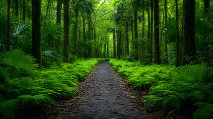 Obraz premium Photography of a tropical jungle path covered in vibrant green moss and bordered by towering palms, creating a sense of adventure and tranquility.