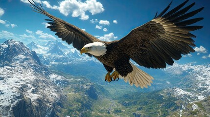 Obraz premium Majestic Bald Eagle Soaring Above Snow Capped Mountains and Lush Valleys Under a Brilliant Blue Sky