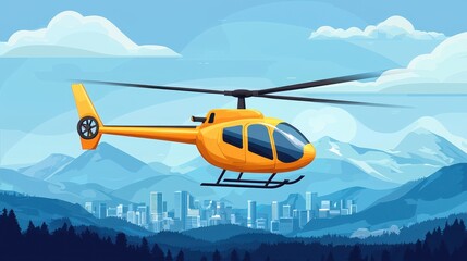 Fototapeta premium Yellow Helicopter Flying Over Mountains and City Skyline Aerial View