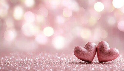Obraz premium Two pink heart-shaped figurines resting on a glittery surface with a soft bokeh background. Perfect for expressing love, romance, and Valentine's Day themes.