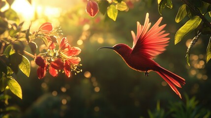 A crimson sunbird hovering near a tropical flower, its metallic red plumage shimmering under direct sunlight.