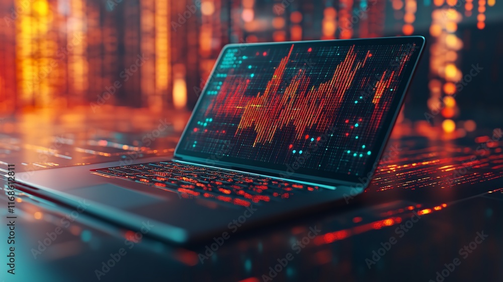 Poster modern laptop screen stock photo digital data analysis red orange web code graph chart trend cyber