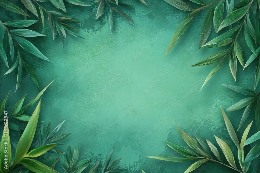 Poster green botanical background with leafy frames and soft textured center area