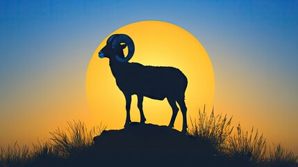 Fototapeta premium A Dall sheep ram silhouetted against the setting sun, standing on a rock with the sky transitioning from blue to golden hues.
