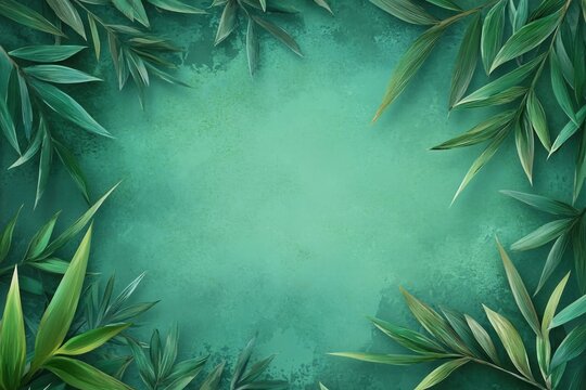 Green Botanical Background with Leafy Frames and Soft Textured Center Area