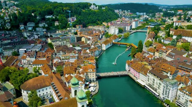 4K Drone Video of the Spreuerbr&uuml;cke Bridge and Lucerne Needle Dam on the Reuss River near Lake Luzerne in Lucerne, Switzerland