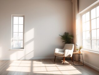 A tranquil minimalist room with sunlight streaming through the windows onto a wall, comfortable armchair, and stylish decor.