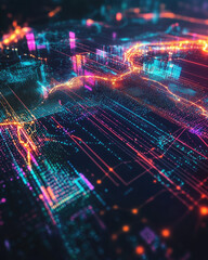 Obraz premium A colorful digital world map with lines of light crisscrossing continents, symbolizing fast communication and technology 