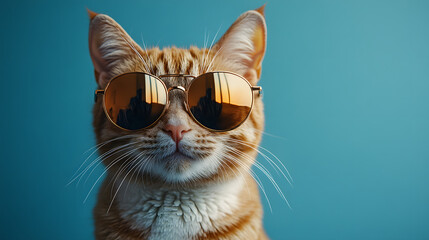 Obraz premium A cat wearing glasses is sitting on a blue couch. The cat's eyes are closed, and it is looking at the camera. The scene has a playful and lighthearted mood, as the cat is wearing glasses