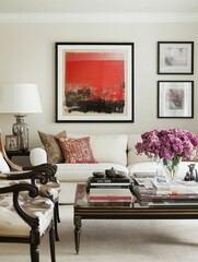 Elegant Living Room Featuring Abstract Art And Comfortable Seating