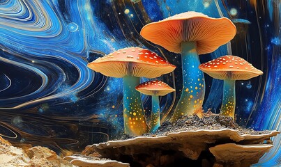 A psychedelic collage of giant glowing mushrooms in a cosmic forest, swirling fractals in the background