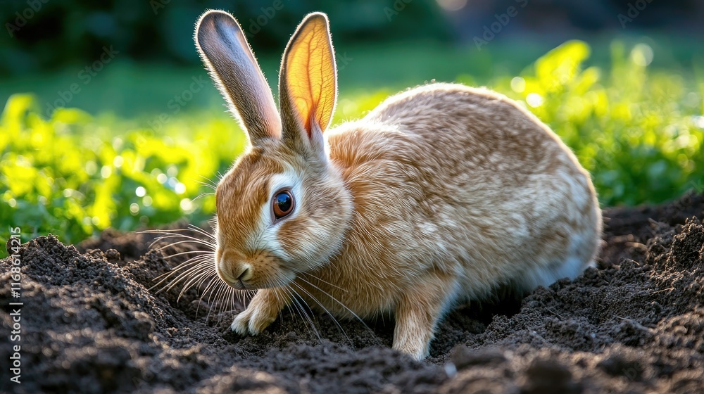 Poster a european rabbit digging into the soil for roots, with the first light of the day casting a gentle 