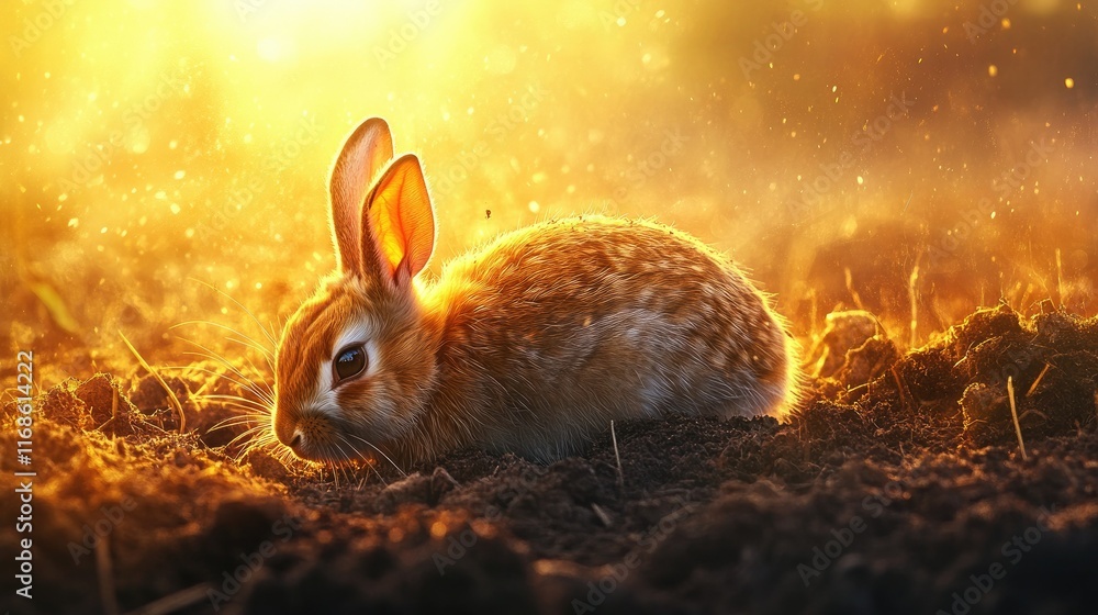 Poster a european rabbit digging into the soil for roots, with the first light of the day casting a gentle 