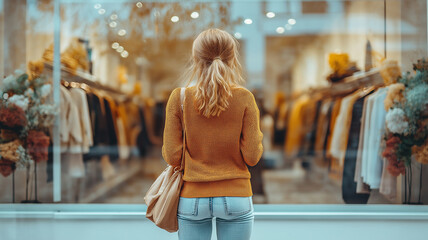 A blonde woman in a yellow sweater views a bright, inviting store window display, highlighting fashion and urban lifestyle.