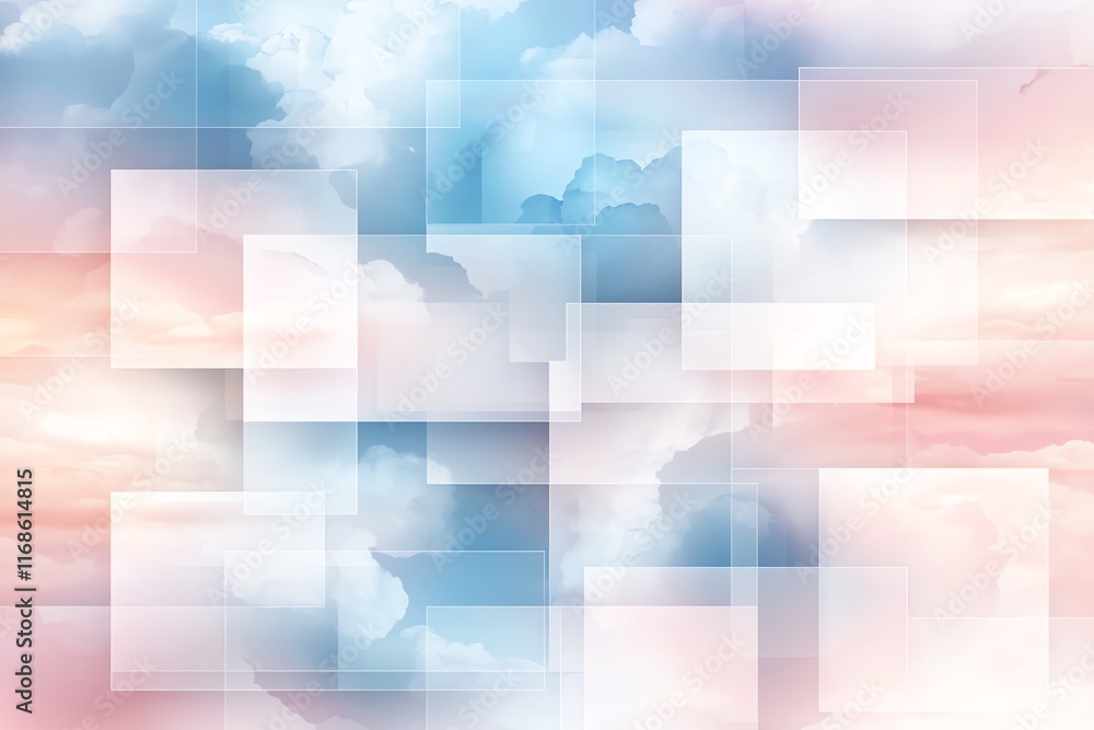 Poster abstract geometric pattern with overlapping transparent rectangles, set against a soft pastel sky ba