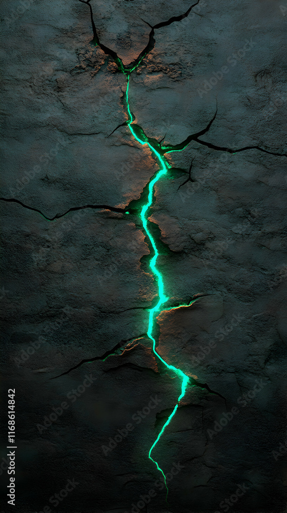 Poster green luminescent energy streaming through fractures in shadowy stone surface, revealing dynamic int